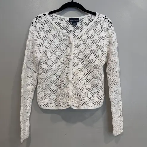 VTG Hunters Run Crochet Flower Cardigan Sweater Cream Size L Cottagecore Peasant White Size L