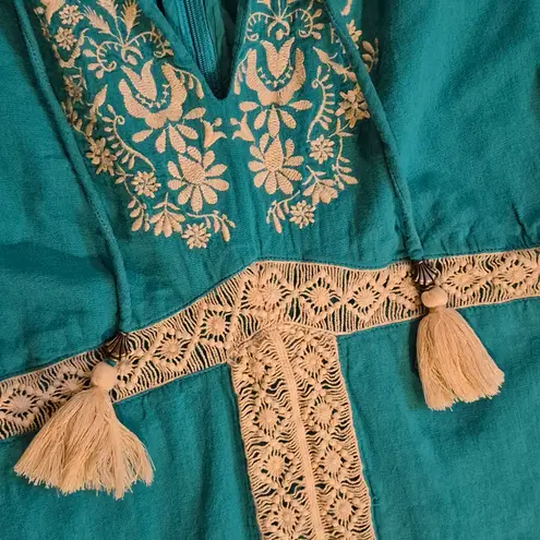 Nine Lives Bazaar Teal Dress with Cream Stitching And Embroidery Size 6 Blue