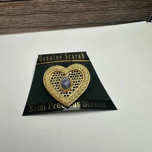 Blue Scarab Semi Stone Stone Heart Brooch Pin Gold Tone NWT