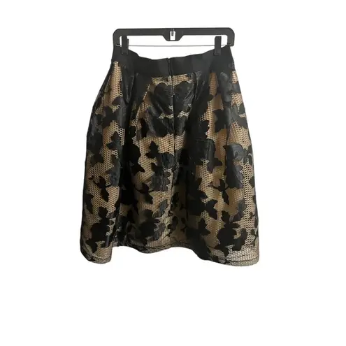 Gracia Skirt Womens Large Black Beige Aline Knee Length Embroidered Floral Mesh