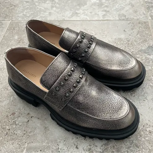 ALLSAINTS Lola Studded Apron Toe Loafers, Pewter Size EU41 (Sold Out) New in Box