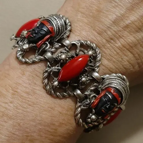 Vintage Selro Selini Bracelet MCM Red Black Enamel Lady Princess Faces Large