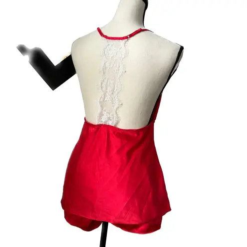 Linea Donatella NWOT Womens Red Satin Lace Camisole Top & Bottom Lingerie Set V-Neck Size Small