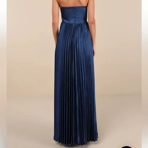 LULUS NWT Perfected Elegance Navy Blue Satin Pleated Strapless Maxi Dress XS