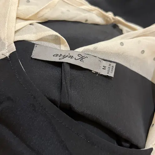 Aryn K Black Silk Dress Womens sz M Rhinestones Beige sheer Cocktail LBD