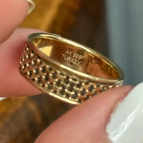 Gold Tone Woven Band Ring AK 925 Turkey Sterling Silver Band Ring Size 9 EUC