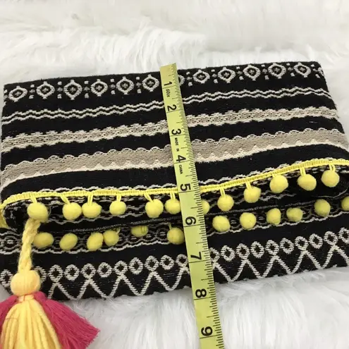 JustFab Just‎ Fab Fold Over Bag Yellow Pom Pom Tassel Trim Colorful Clutch Purse