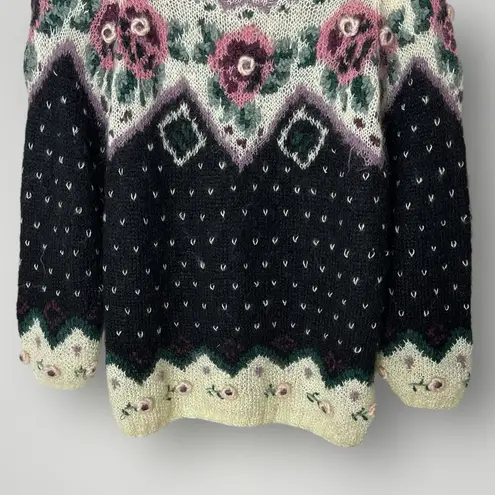VTG Jennifer Reed Floral Fair Isle Sweater Hand Knit Small Cottagecore Grandma Black