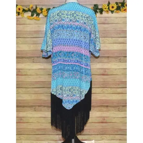 Liberty Love Blue Floral Cardigan Kimono Jacket Size L Long Fringe Festival Boho