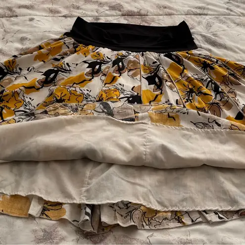 Susan Bristol linen blend floral yellow brown A-line lined midi skirt, size M