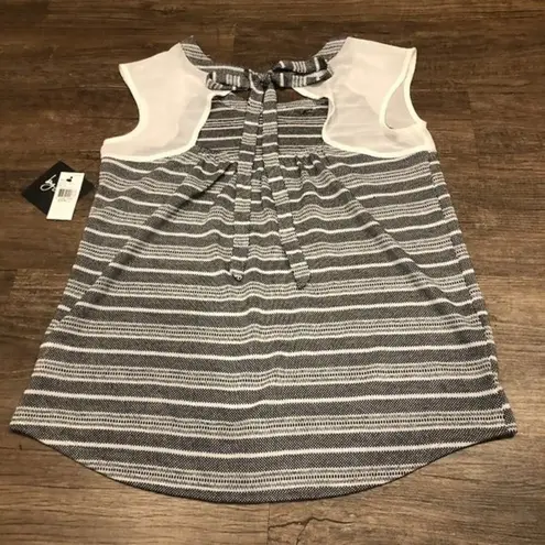 By & By Crew Neck Knit Blouse Sheer Cap Sleeves S SM Small Black White Grey Tie