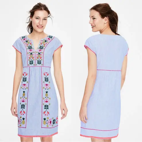 Boden • Bea Linen Embroidered Dress shift cap sleeve floral blue stripe tunic Size 6