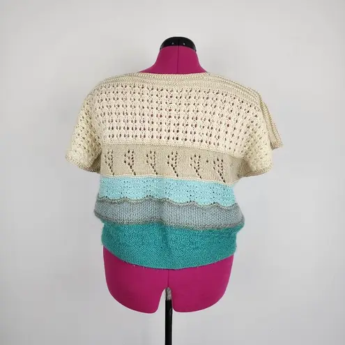 None Open Knit Sleeveless Sweater Crop Top Teal Cream Beige Short Sleeve Top