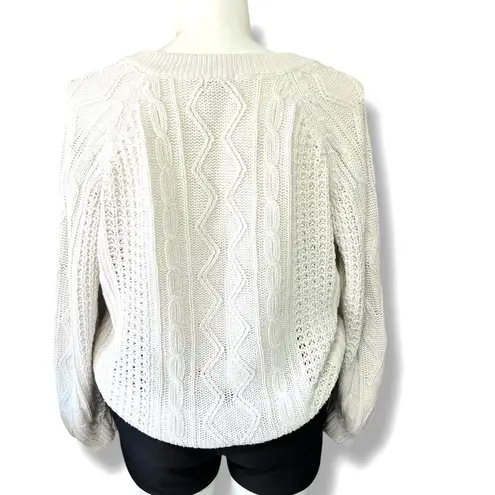 Vintage Alicia Womens Cable Knit Sweater Pullover V Neck Long Sleeve White Large