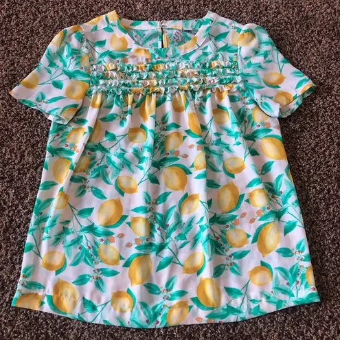 Elle XS Tossed Lemon Top Fun Fruit Ruffled Blouse