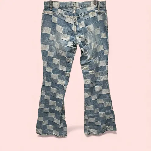 Cute Vintage Y2K low rise button fly flare patchwork denim jeans LondonJean Blue Size 8