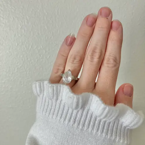 Pear Tapered Baguette Classic Silver Engagement Promise Wedding Ring “Eglantine”Jewelry