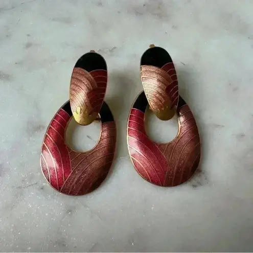 Vintage Dangle Long Pierced Black Red Gold Enamel Geometric‎ Print Earrings