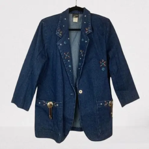 VINTAGE 80s Western Crackle Stone Embellished Denim Blazer Jacket Size 10 Blue