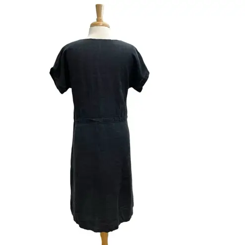 100% Linen Round Neck Cinched Waist Shirt Dress Washed Black size Small/Medium