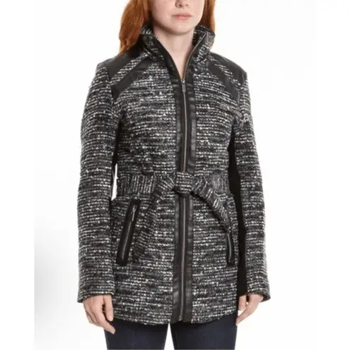 Valerie Stevens VTG Tweed Moto Jacket Black Gray Faux Leather Trim Medium