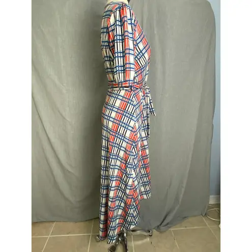 VERO MODA Blue Red Plaid Wrap Midi Dress Tie Waist Short Sleeve M