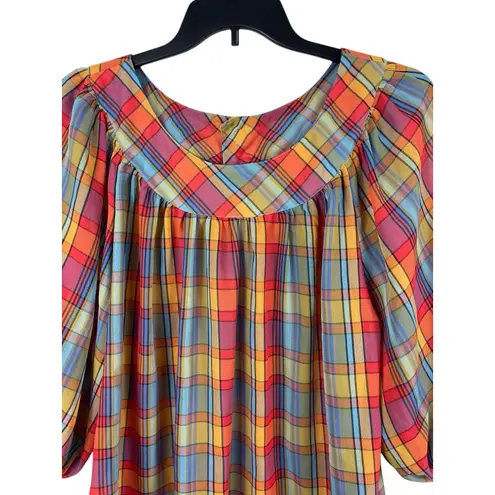 Oscar de la Renta VTG Madras Plaid Sheer Colorful Size 14 Puff Sleeve Yoke Top