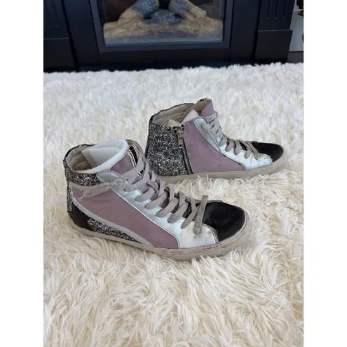 Glitter Star High Top Sneakers Silver Lilac Black Accent Distressed Size 10