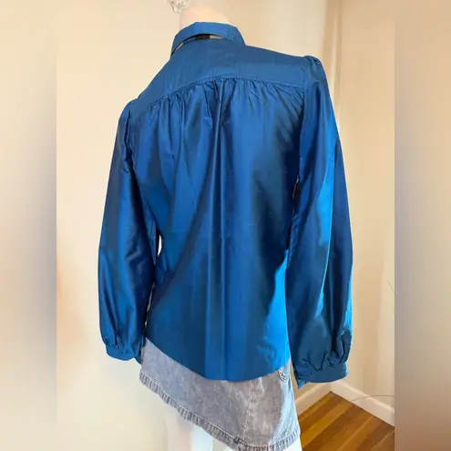 Vintage 1960S Thai Silk Blouse By Fair Lady Bangkok Blue Silver Stripe Medium