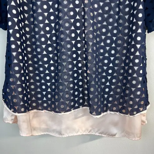 Eshakti Blouse Top 3X 24W Navy Blue Beige Geometric Short Sleeve V-Neck High Low
