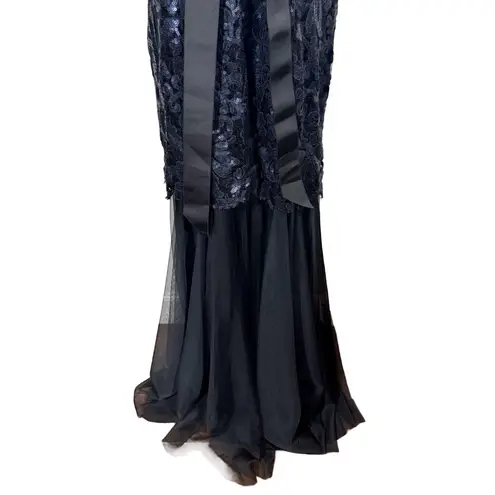 Tadashi Shoji Sequin and Tulle Lace Mermaid Gown Ribbon Tie in Navy 3T1430LX