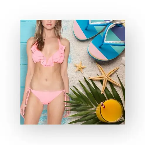 Shoshanna ☀︎︎ Flutter Halter Bikini Set with String Side Tie Detail ☀︎︎ Coral XL