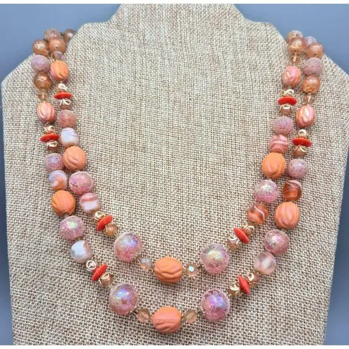 None Vintage Pastel Pink & Peach Textured Art Bead Necklace Hidden Box Clasp Japan