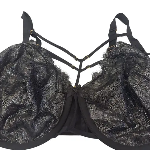 Cacique Black Metallic Gothic Lace Unlined Balconette Bra Strappy Detail 44DDD