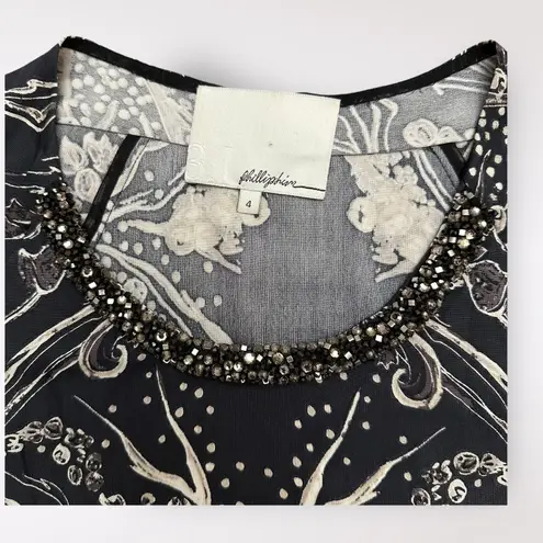 3.1 Phillip Lim Black and White Beaded Collar Long Sleeve Silk Dress Size 4