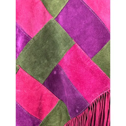 Victor Vintage 1960s Boho Hippie Leather Pink Purple Fringe Poncho One Size Size undefined