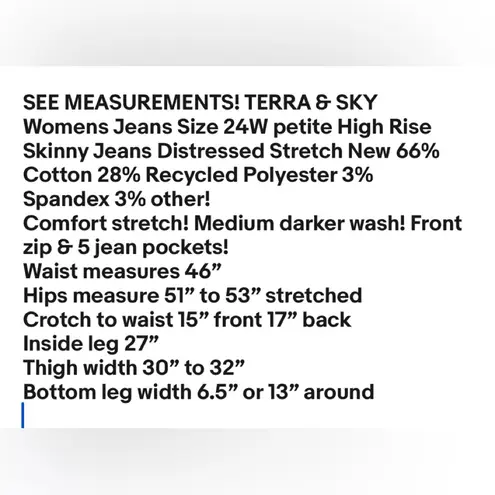 Terra & Sky Womens Jeans Size 24W Petite High Rise Skinny Jeans Distressed New