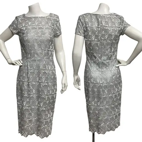 David Meister Silver Geo Illusion Lace Overlay Sheath Party Dress 6 Wedding FLAW