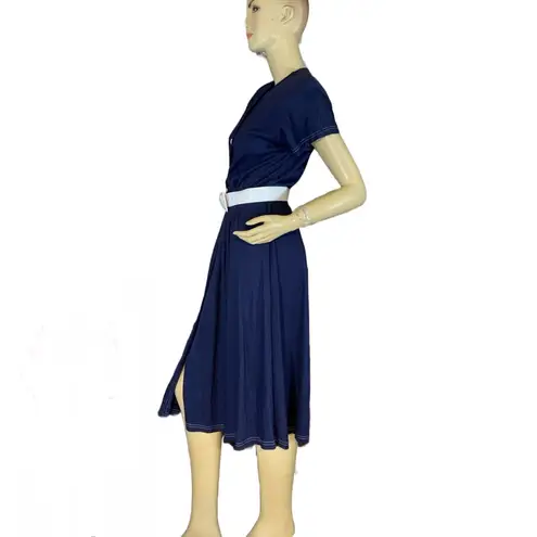 Leslie Fay VINTAGE 1980'S BLUE & WHITE JERSEY KNIT BUTTON DOWN SHIRT DRESS (10P)