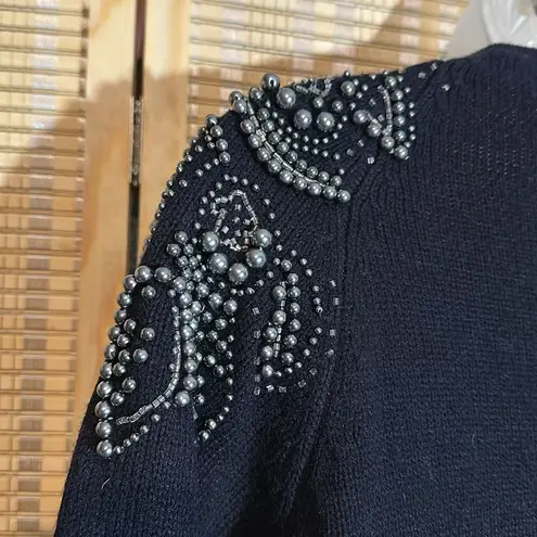 Darian Vintage 1990s Black Open Front Cardigan Sweater Silver Beading Medium