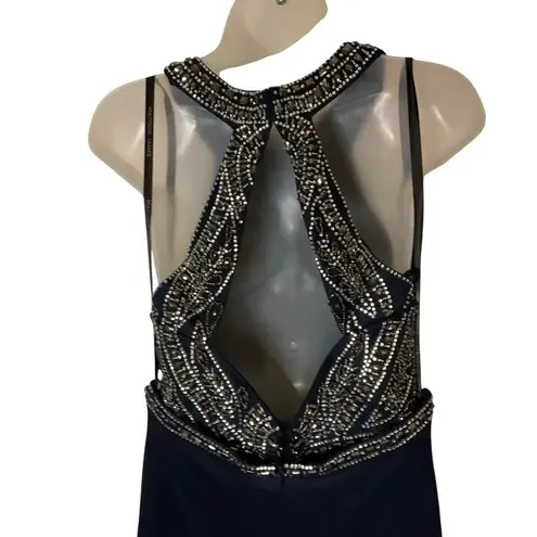 Madison James Navy Beaded Halter Prom Gown With Open Back Size 10 long 2 piece