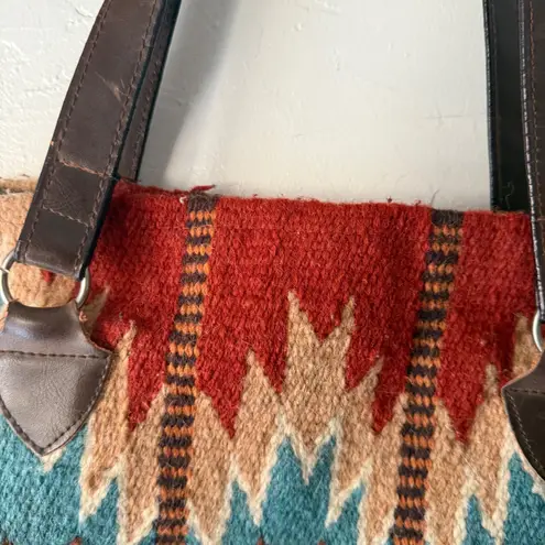 Southwestern Blanket Aztec Western Tribal Wool Leather Tote Bag Shoulder Bag Blue