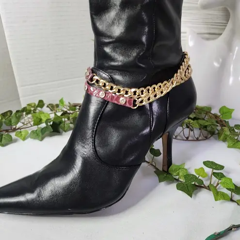 Gold Cuban Link Chain and Burgundy Leather Boot Ankle Bracelet Green