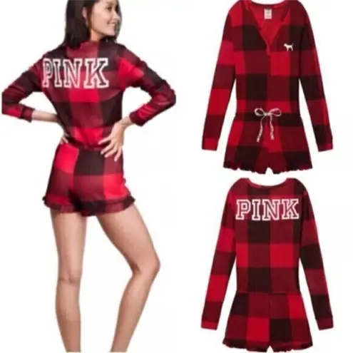 PINK - Victoria's Secret PINK VS VICTORIA'S SECRET Thermal Plaid Short Romper Red Black Long Sleeve PJs M