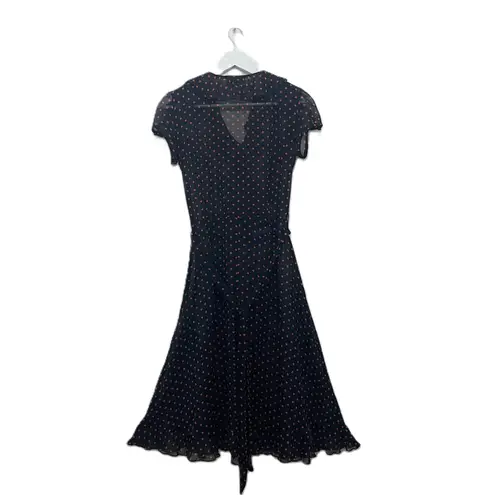 MSK Dress Size 4 Polka Dot Navy Pink Faux Wrap Ruffle Midi Short Sleeve Blue