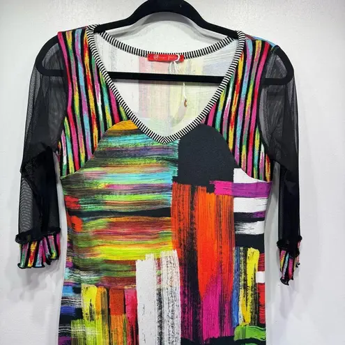 Olivier Philips Bright Colorful Paint Strokes Dress 3/4 Mesh Sleeves Art to Wear Size M