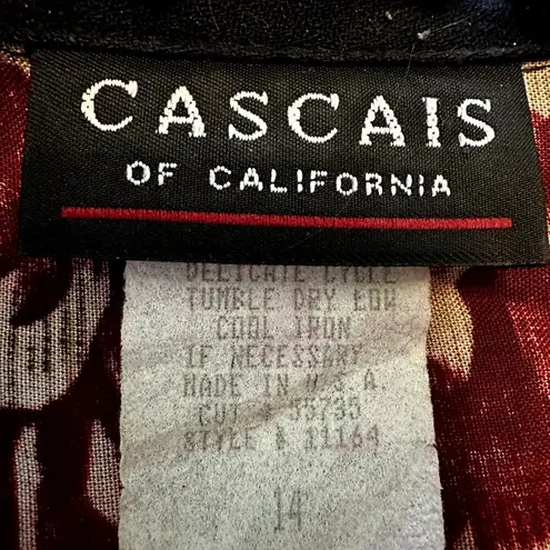 Vintage Cascais Maxi Dress 80s Short Sleeve Button Up Collared Leaf Maroon 14 Red