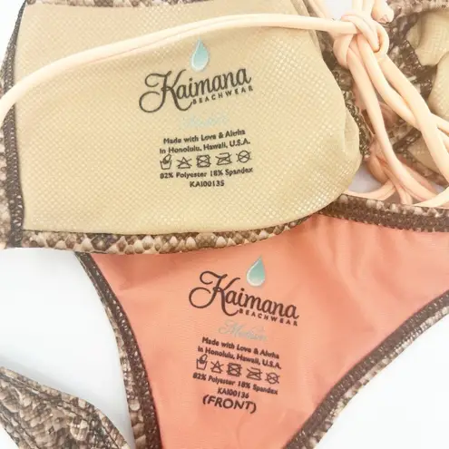 Kaimana Beachwear Cobra Snake Print Halter Bandeau Scrunch Low Rise Bikini Set M Tan Size M