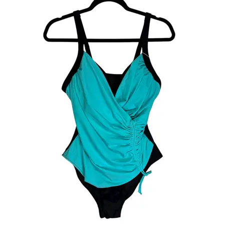 TASHEHE Women Turquoise Black Ruched Side One Piece Swimsuit L Blue Size L