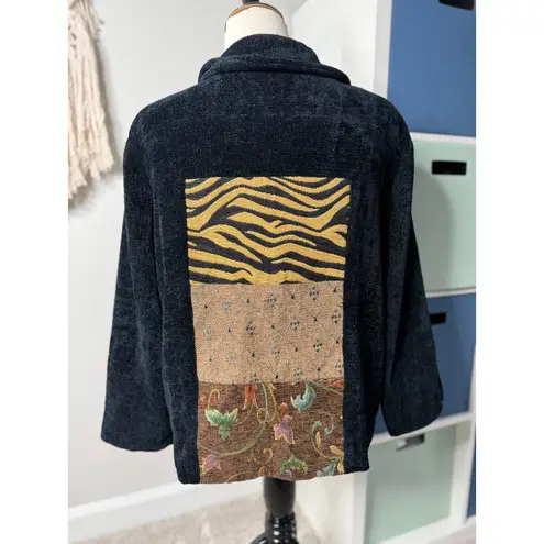Women's Vintage Black Corduroy Patchwork Tapestry Barn Jacket Chore Coat XL